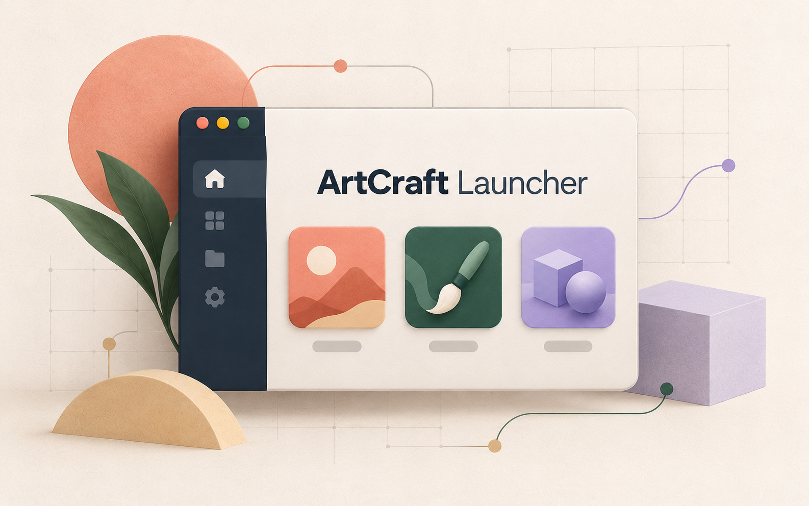Illustrated ArtCraft Launcher directory cover with a creative app launchpad window
