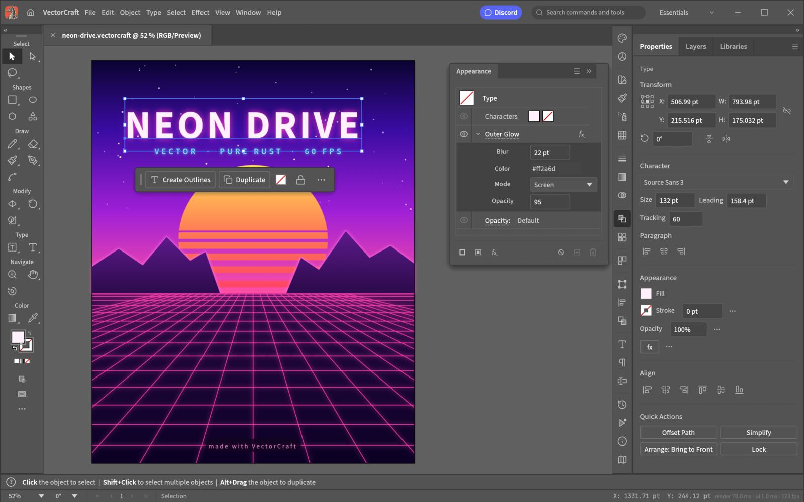 VectorCraft Neon Drive poster with live vector effects and an editing panel